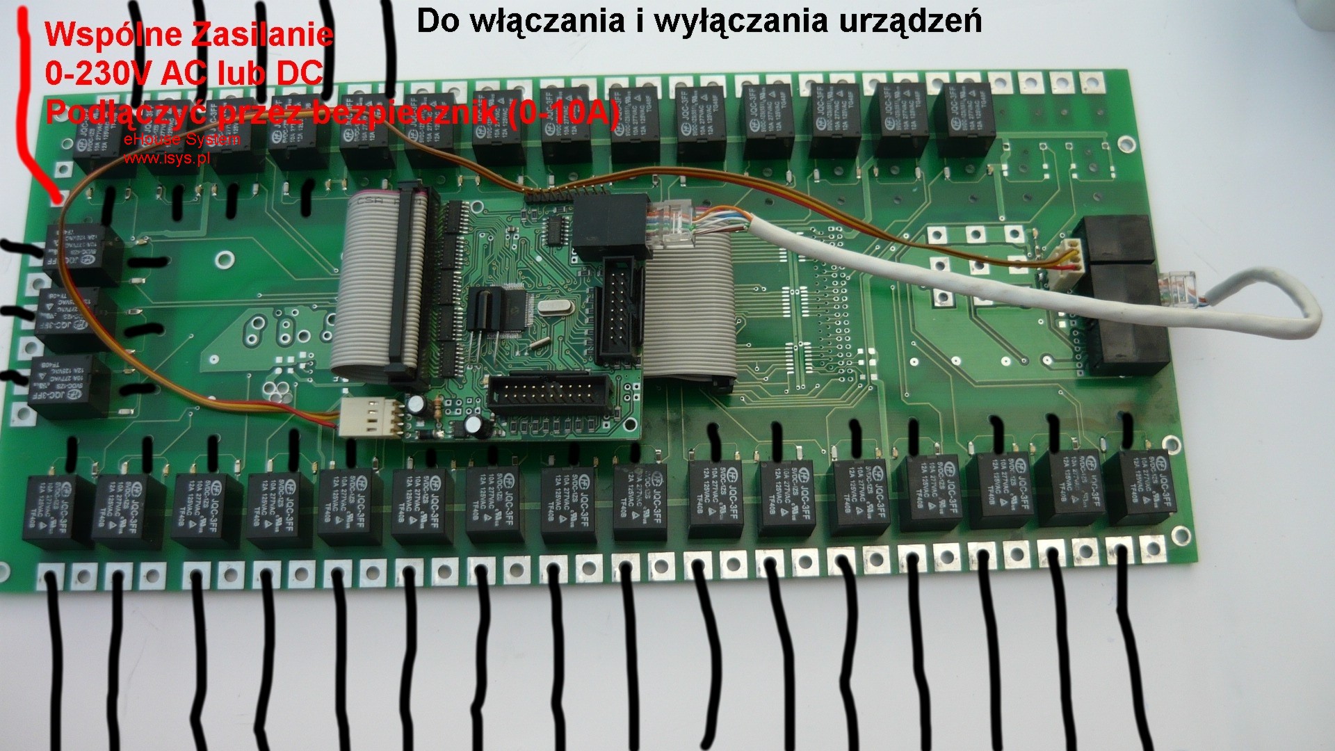 Inteligentny dom eHouse - Podłączenie sterowników RM, EM, HM do Modułu Przekaźników komplet okablowania (magistrala danych, magistrala zasilająca, sygnały sterujące, podłączenie odbiorników) 1 segmentu na krótko