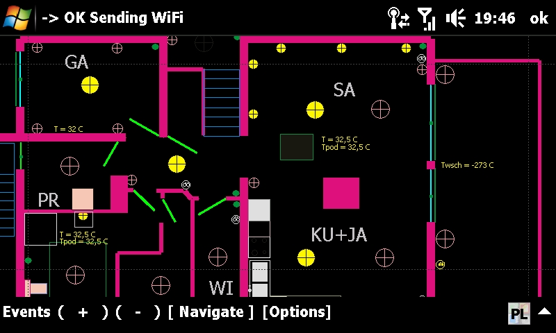 Inteligentny budynek eHouse - sterowanie graficzne z wizualizacją stanu systemu z PDA, telefonu komórkowego, TouchPhone, SmartPhone. Aplikacja Windows Mobile sterowanie bezpośrednie przez Internet, WiFi, SMS, eMail