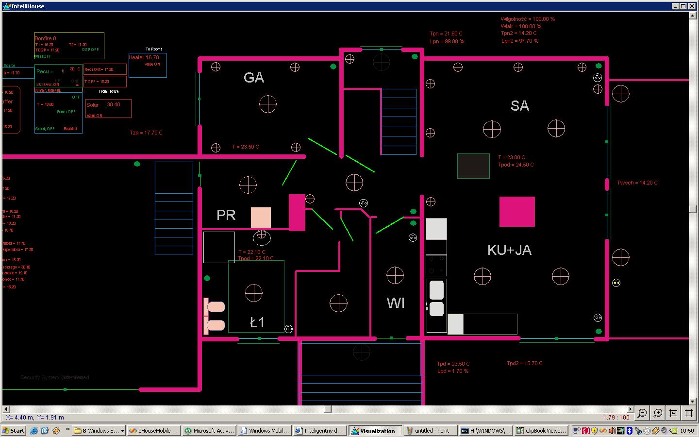 Construcción inteligente de eHouse, administración del hogar desde una PC y paneles de Windows XP, vista, visualización en 7 PC